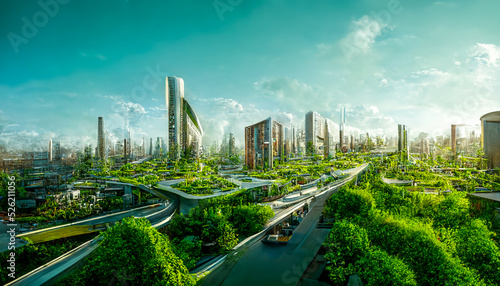 Fotografia, Obraz Spectacular eco-futuristic cityscape ESG concept full with greenery, skyscrapers, parks, and other manmade green spaces in urban area
