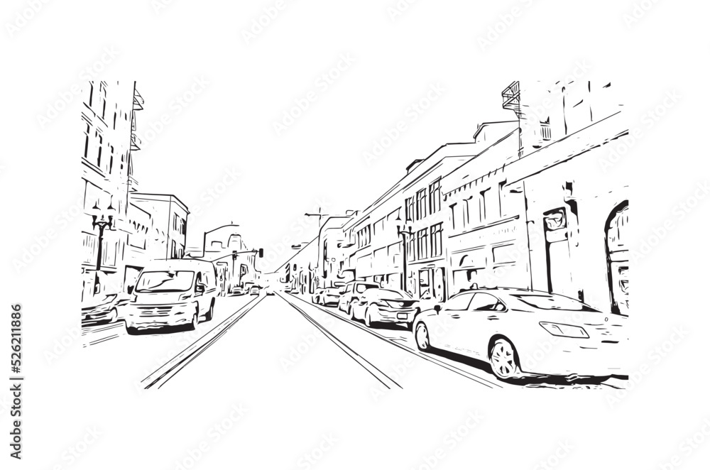 Building view with landmark of Oakland is the 
city in California. Hand drawn sketch illustration in vector.