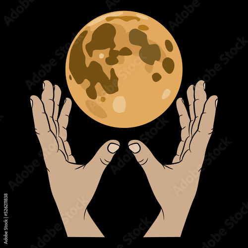 Two raised up human hands holding or catching full moon. Creative concept. On black background.