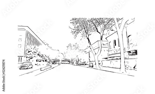 Building view with landmark of Oakland is the city in California. Hand drawn sketch illustration in vector.