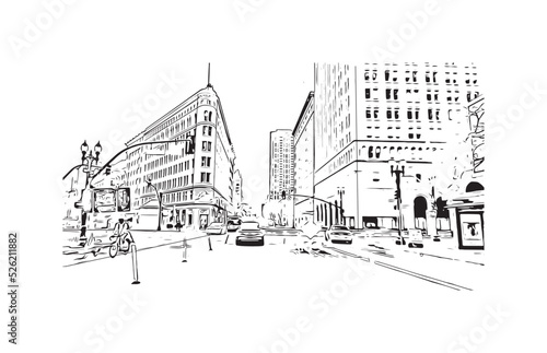 Building view with landmark of Oakland is the city in California. Hand drawn sketch illustration in vector.