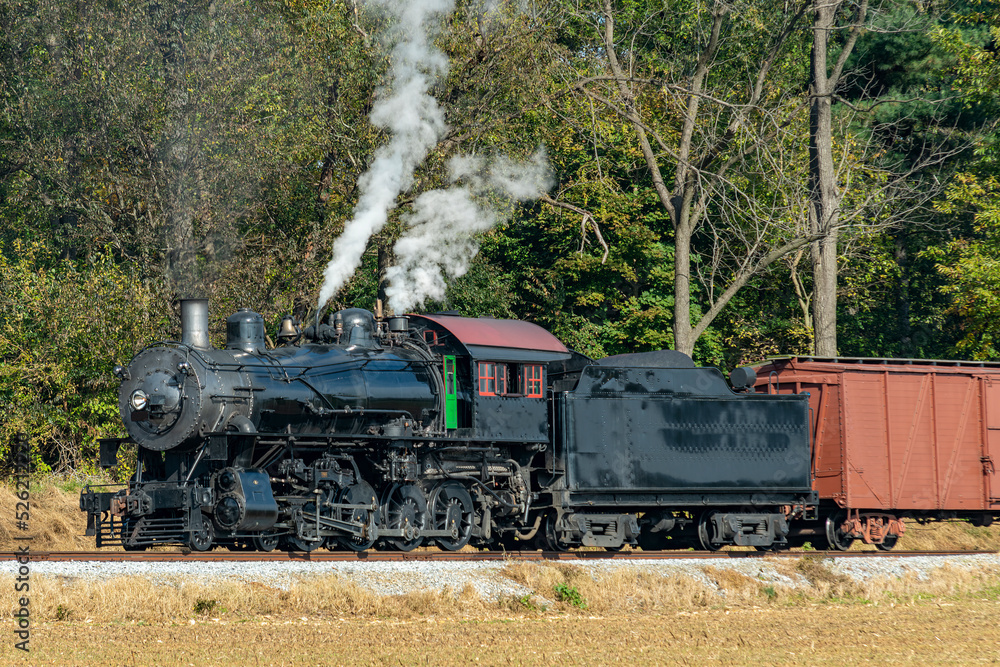 Obraz premium A View of a Steam Freight Train on a Single Track Going Thru Rural Countryside on a Sunny Day