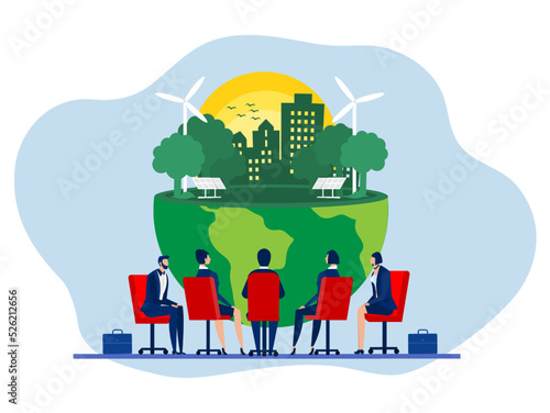 Team Business meeting with ESG or ecology problem concept, business invest energy sources. Preserving resources of planet. Cartoon modern flat vector illustration