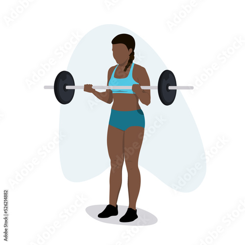 Kobieta z dużą sztangą. Dziewczyna rzeźbiąca ramiona - ćwiczenia na biceps. Trening ramion. Zdrowy tryb życia. Sylwetka wektor na białym tle.