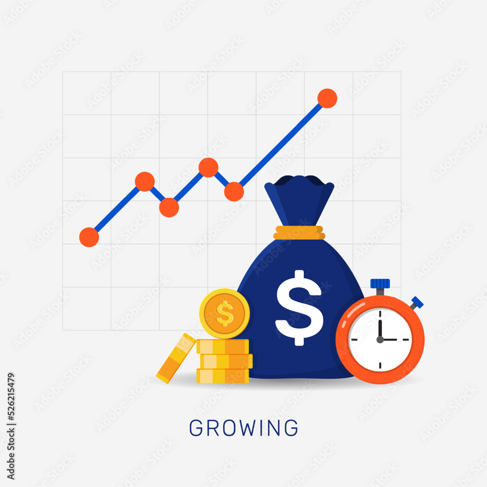 Business finance growth with money stack, stopwatch, and coins symbol Business finance growth with money stack, stopwatch, and coins symbol