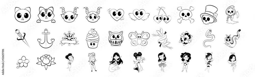 set cartoons kawaii tatoo vector illustration set cartoons kawaii tatoo vector illustration