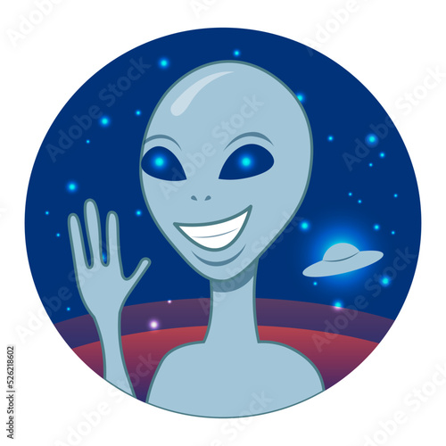 Gray alien in space waving goodbye or hello. Friendly alien. Alien in space. Alien and UFO spaceship vector illustration. Happy smiling humanoid. 