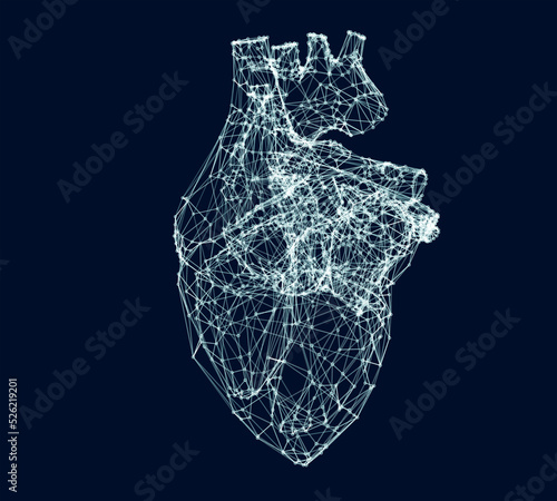 Human heart, x-ray hologram. 3D rendering on black background