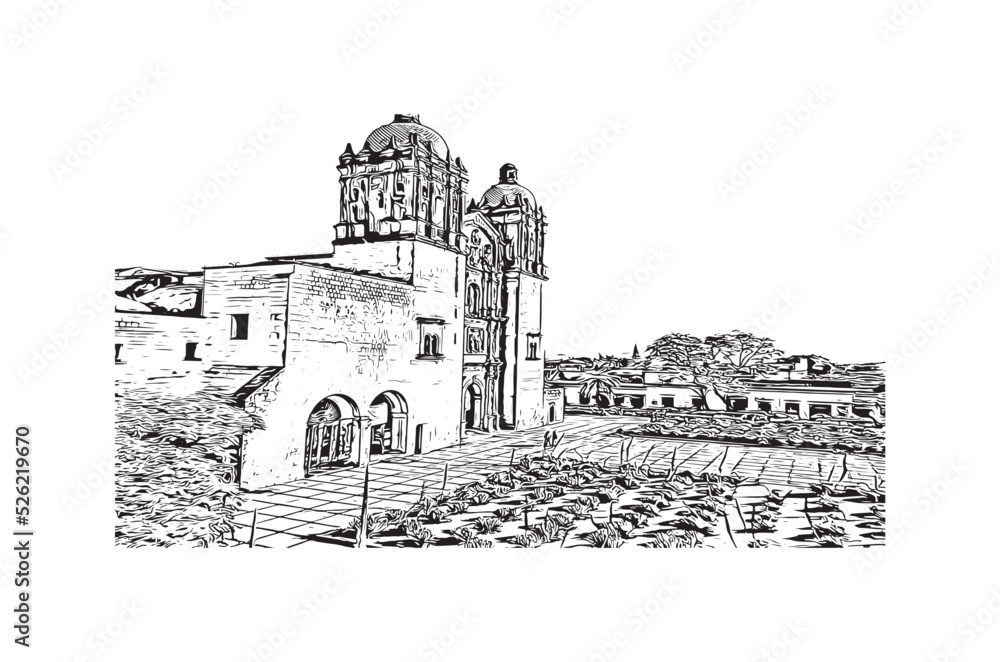 Building view with landmark of Oaxaca is the
city in Mexico. Hand drawn sketch illustration in vector.
