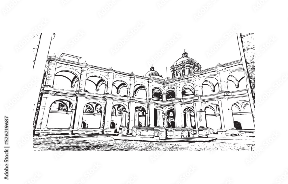 Building view with landmark of Oaxaca is the 
city in Mexico. Hand drawn sketch illustration in vector.