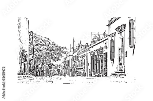 Building view with landmark of Oaxaca is the city in Mexico. Hand drawn sketch illustration in vector.