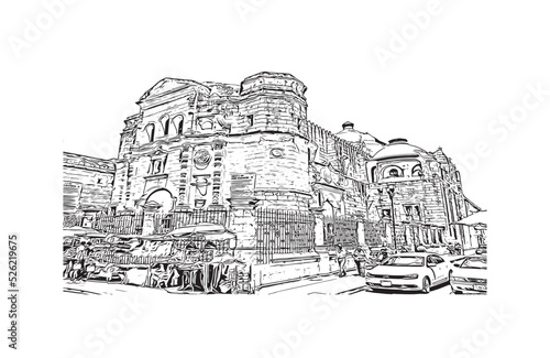 Building view with landmark of Oaxaca is the 
city in Mexico. Hand drawn sketch illustration in vector.
