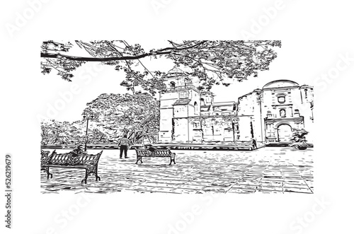 Building view with landmark of Oaxaca is the 
city in Mexico. Hand drawn sketch illustration in vector.