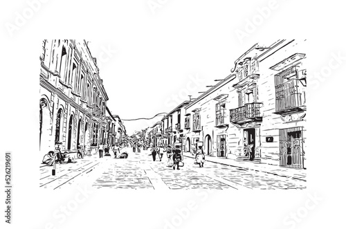 Building view with landmark of Oaxaca is the 
city in Mexico. Hand drawn sketch illustration in vector.