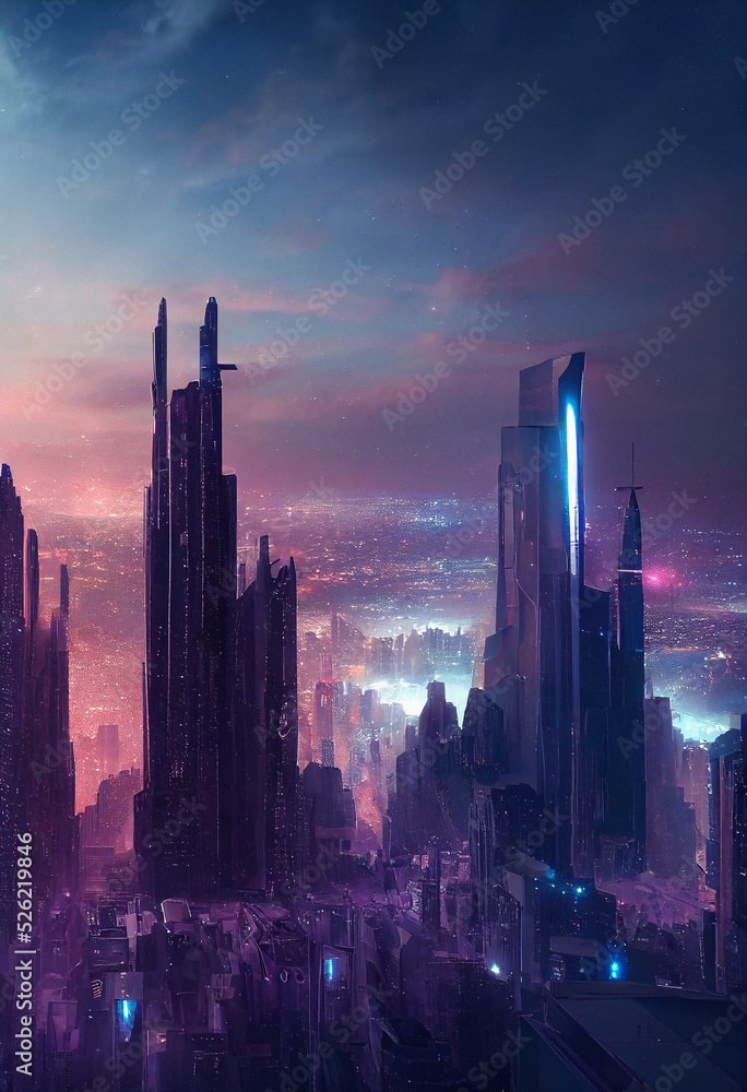Epic cityscape of a futuristic city and stars in the sky, digital scifi illustration
