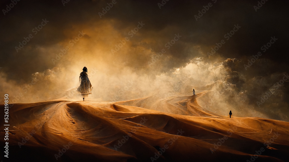 Cinematic scene of people in desert with approaching sandstorm and dramatic lighting, digital illustration - obrazy, fototapety, plakaty 
