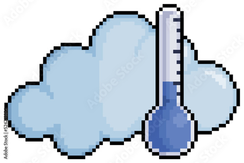 Pixel art cloud with thermometer, 
low temperature weather forecast vector icon for 8bit game on white background photo