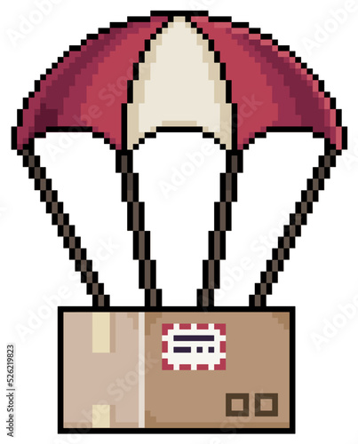 Pixel art parachute with package and box vector icon for 8bit game on white background
