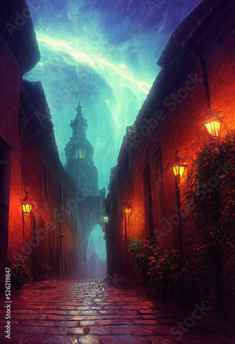 Foto Old gobblestone alley leading towards church tower and an epic sky of aurora and