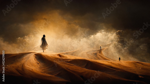 Cinematic scene of people in desert with approaching sandstorm and dramatic lighting, digital illustration photo