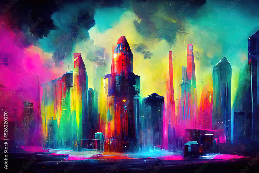 Spray Painting City, colorful. Skyscraper reaching into the clouds.