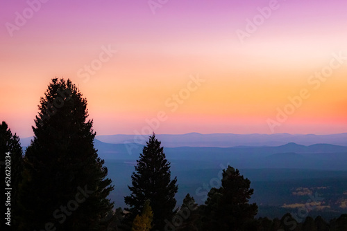 Pine trees silhouette and pink golden mountain rolling hills sunset view from top of Humphreys peak