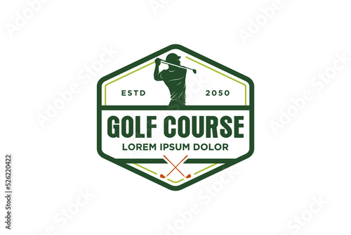 Golf player swings a golf club logo design silhouette illustration icon symbol sport  badge hexagon shape
