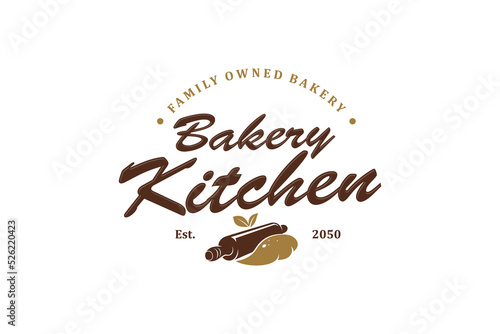 Bakery kitchen rolling pin logo design cake kitchen restaurant handmade vector oval shape