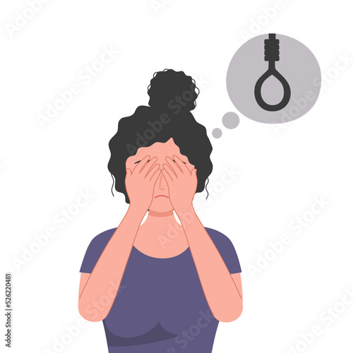 Unhappy woman thinking about suicide. Depression mental illness concept vector illustration.