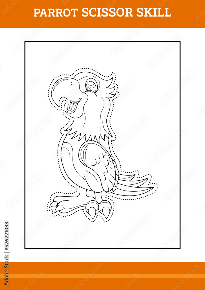 Parrot Scissor Skill for kids. Line art design for kids printable coloring page.