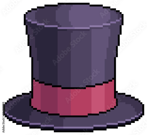 Pixel art black magician's top hat vector icon for 8bit game on white background