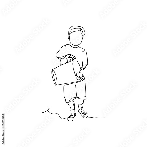 One continuous line of a boys throw trash in its place. Minimalist style vector illustration in white background.
