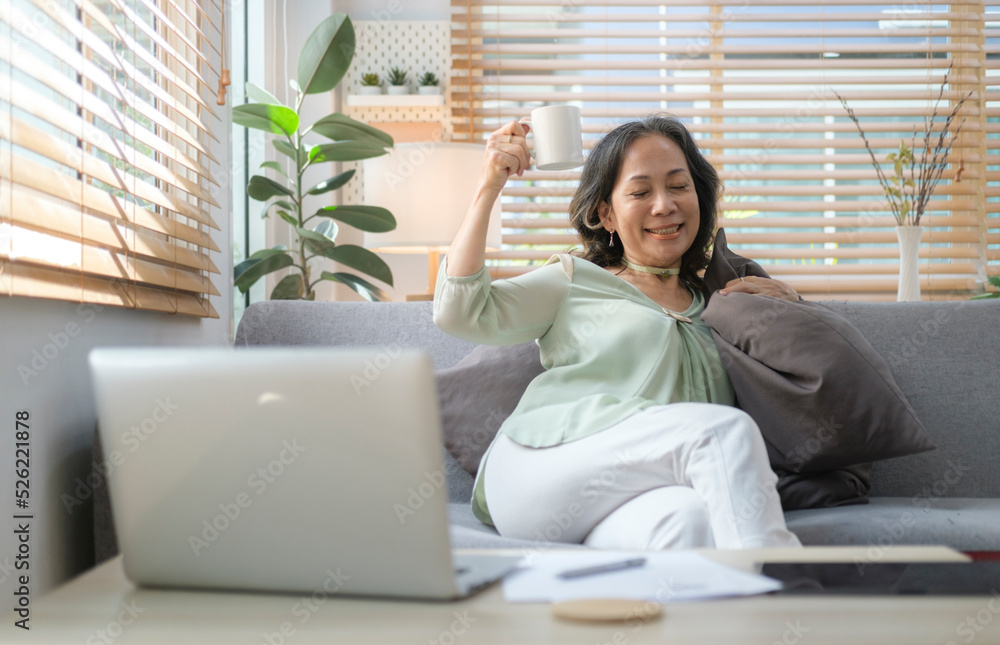 Happy middle aged woman enjoying her morning coffee and relaxing on couch in bright living room. Happy middle aged woman enjoying her morning coffee and relaxing on couch in bright living room.