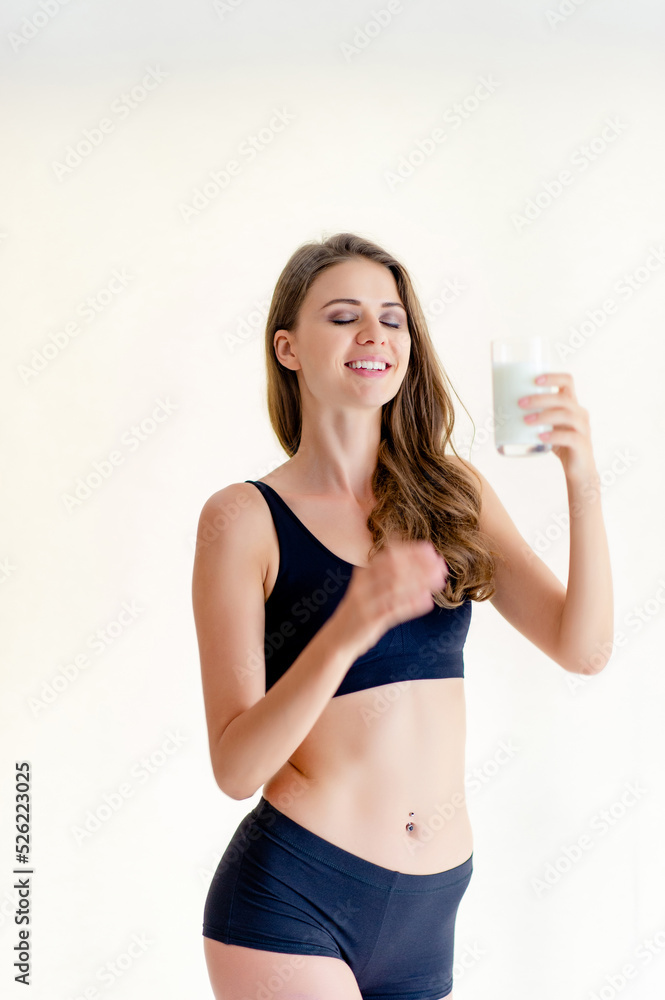 healthy girl Likes to exercise, lift weights, eat fruit and drink milk. daily exercise concept healthy girl Likes to exercise, lift weights, eat fruit and drink milk. daily exercise concept