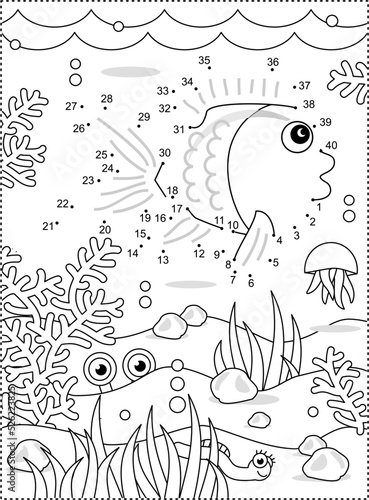 Fish dot-to-dot activity and coloring page. Full-page underwater scene. Math basics for kids.
