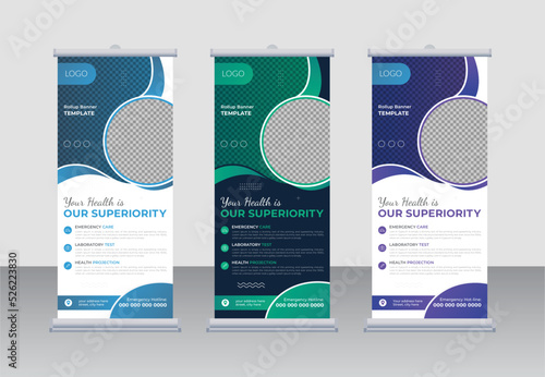 Modern medical healthcare Services roll up banner design or promotion exhibition display hospital and clinic doctor dentist Abstract advertising x banner template