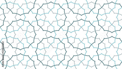 Geometric tessellated dodecagon star shapes in shades of blue in a modern style repeating geometric polygon line pattern, vector illustration