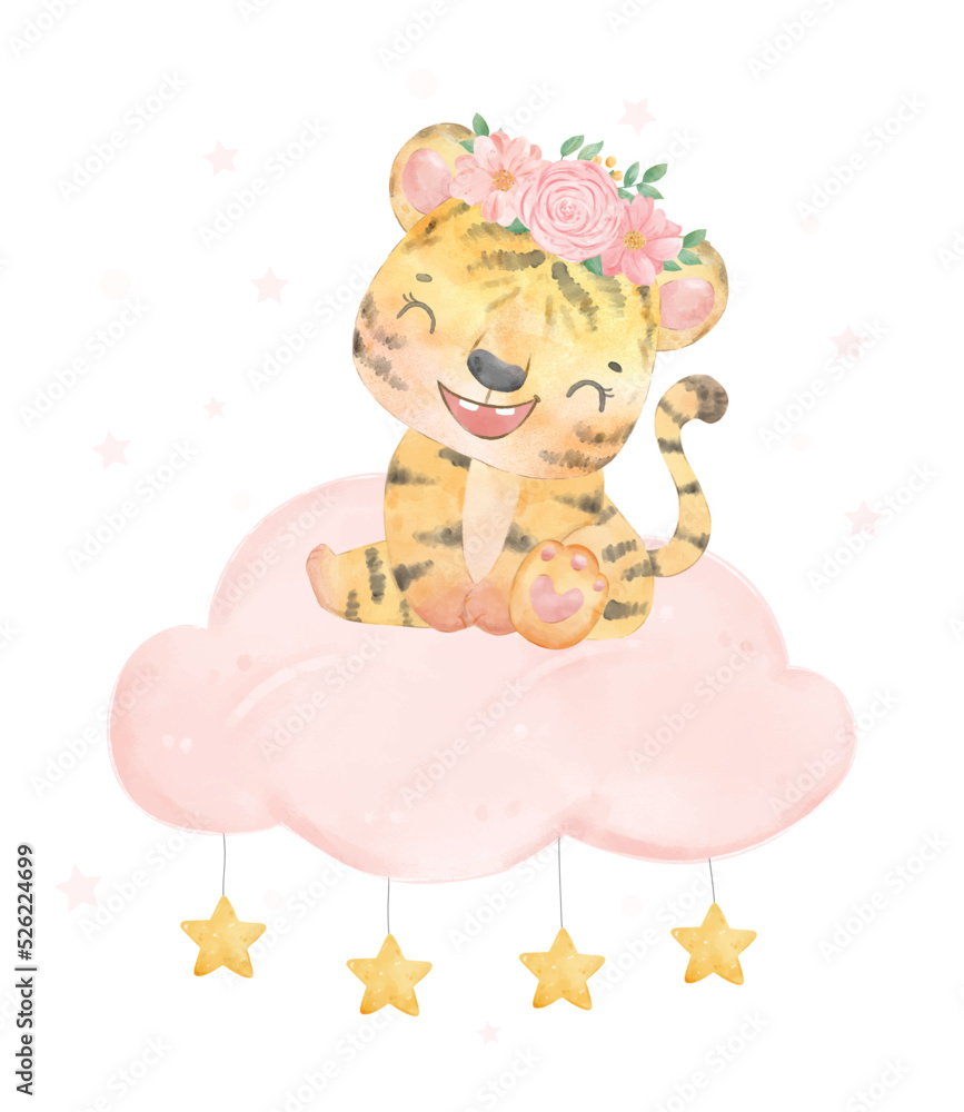 Cute baby shower tiger gril, welcome baby girl, cute wildlife animal nursery kid character illustration vector Cute baby shower tiger gril, welcome baby girl, cute wildlife animal nursery kid character illustration vector