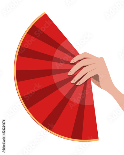 Hand holding a chinese fan. Elegant female hand. Red fan vector illustration. Woman hands with long fingers isolated on white background. 