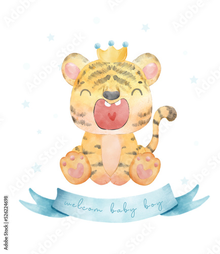 Cute baby showertiger boy sitting and roaring , welcome baby girl, cute wildlife animal nursery kid character illustration vector