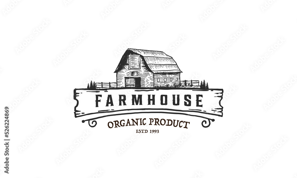 Vintage farm barn logo design - barn wood building house farm cow cattle logo design - obrazy, fototapety, plakaty 