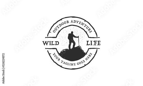 Mountain Hiking Climbing Adventure Logo, Emblems, and Badges. Camp in Forest Vector Illustration Design Elements Template