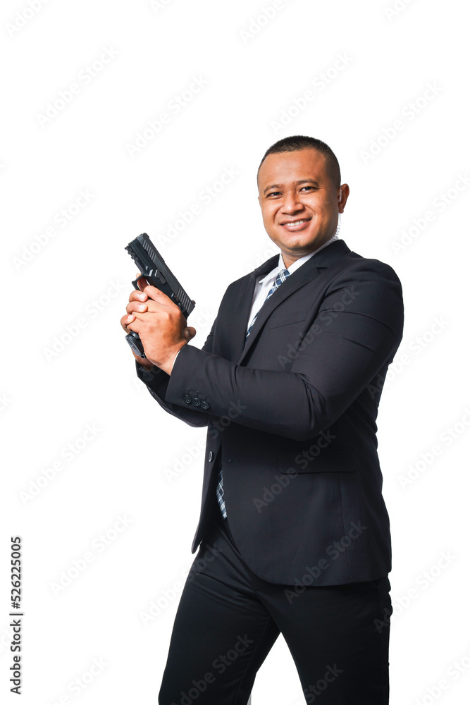 Portrait of a pottrade, a gunman wearing a black suit and holding a pistol isolated included with clipping path. Portrait of a pottrade, a gunman wearing a black suit and holding a pistol isolated included with clipping path.