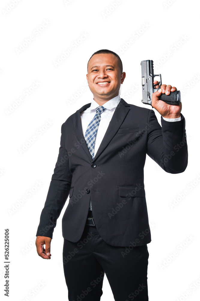 Portrait of a pottrade, a gunman wearing a black suit and holding a pistol isolated included with clipping path. Portrait of a pottrade, a gunman wearing a black suit and holding a pistol isolated included with clipping path.