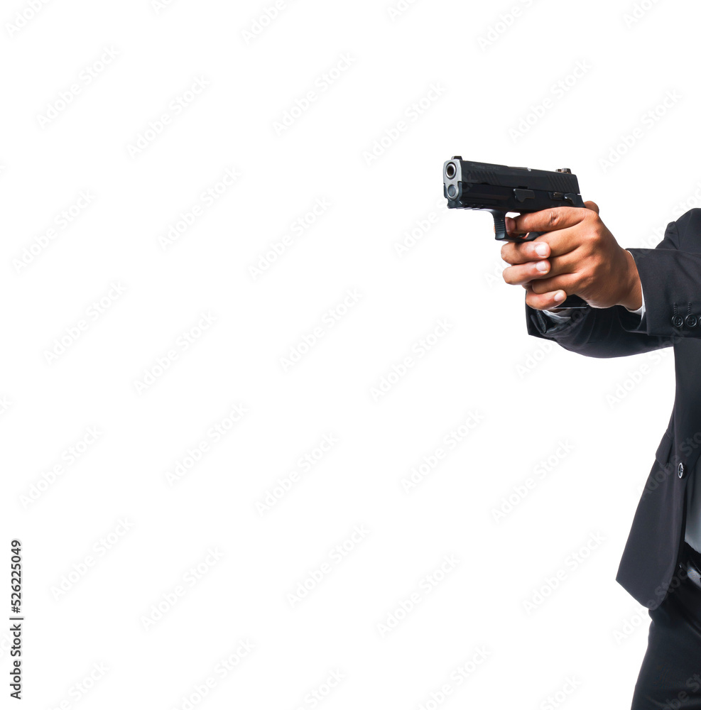 Template of a gunman wearing a black suit and holding a pistol isolated included with clipping path. Template of a gunman wearing a black suit and holding a pistol isolated included with clipping path.