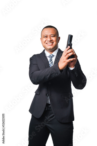 Portrait of a pottrade, a gunman wearing a black suit and holding a pistol isolated included with clipping path.