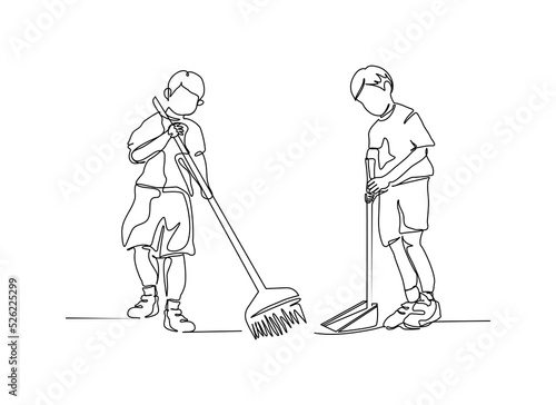 One continuous line of two boys working together to clean the floor. Minimalist style vector illustration in white background.