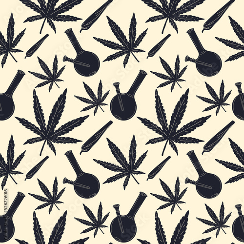 Medical Marijuana, smoking accessories. Glass bong for smoking weed, joint. Hemp leaves, oil. Cannabis and weed legalization concept. Hand drawn trendy Vector illustration. Square seamless Pattern