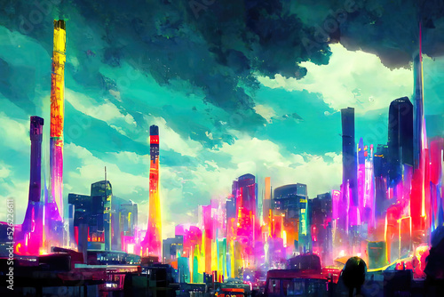 Cyber City, Neon, colorful. Skyscraper reaching into the clouds.