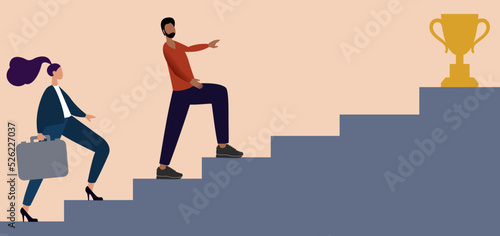 Young man and woman climbing the corporate career ladder. Business competition concept
